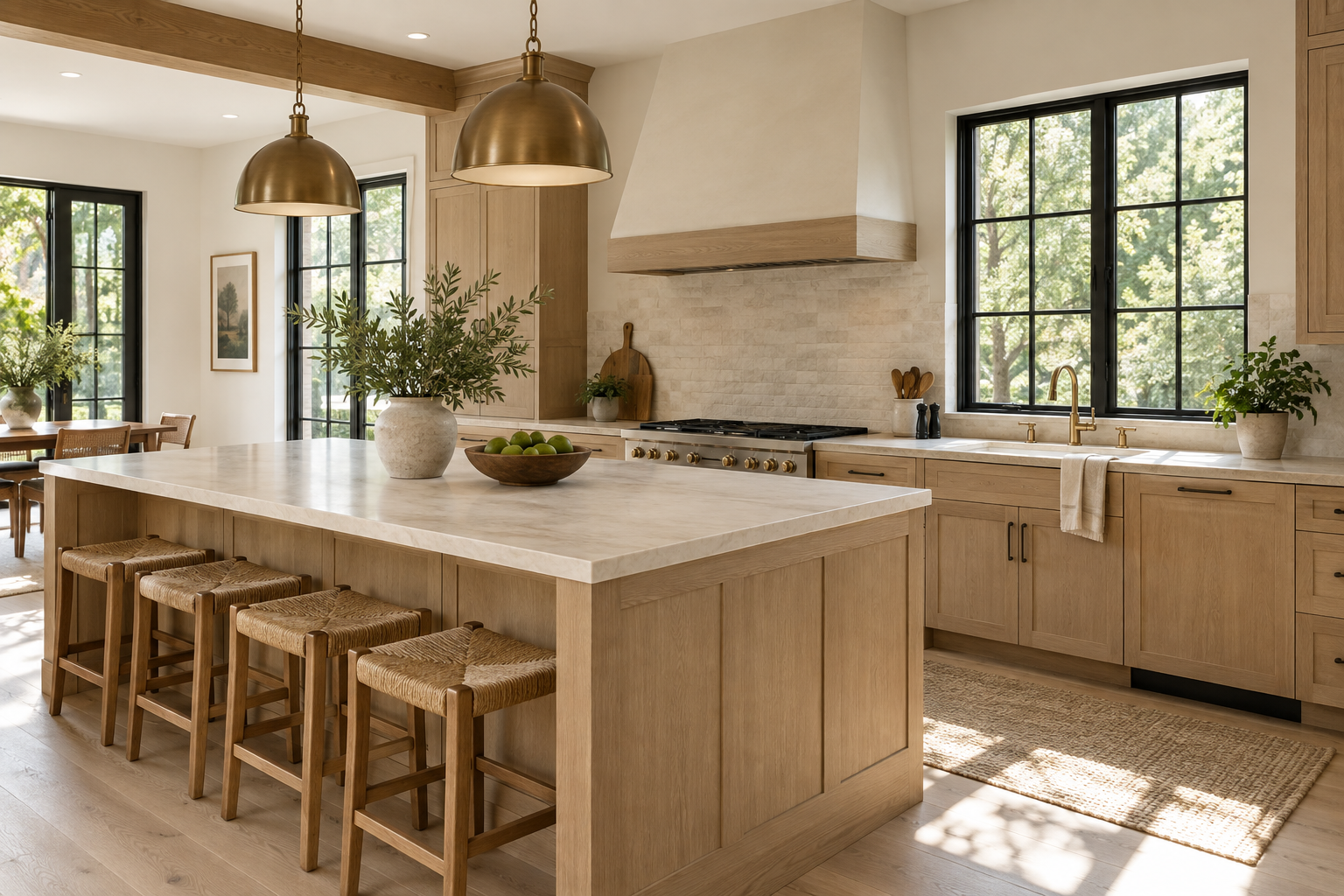 Kitchen design inspiration with warm oak cabinetry, a stone island and natural light
