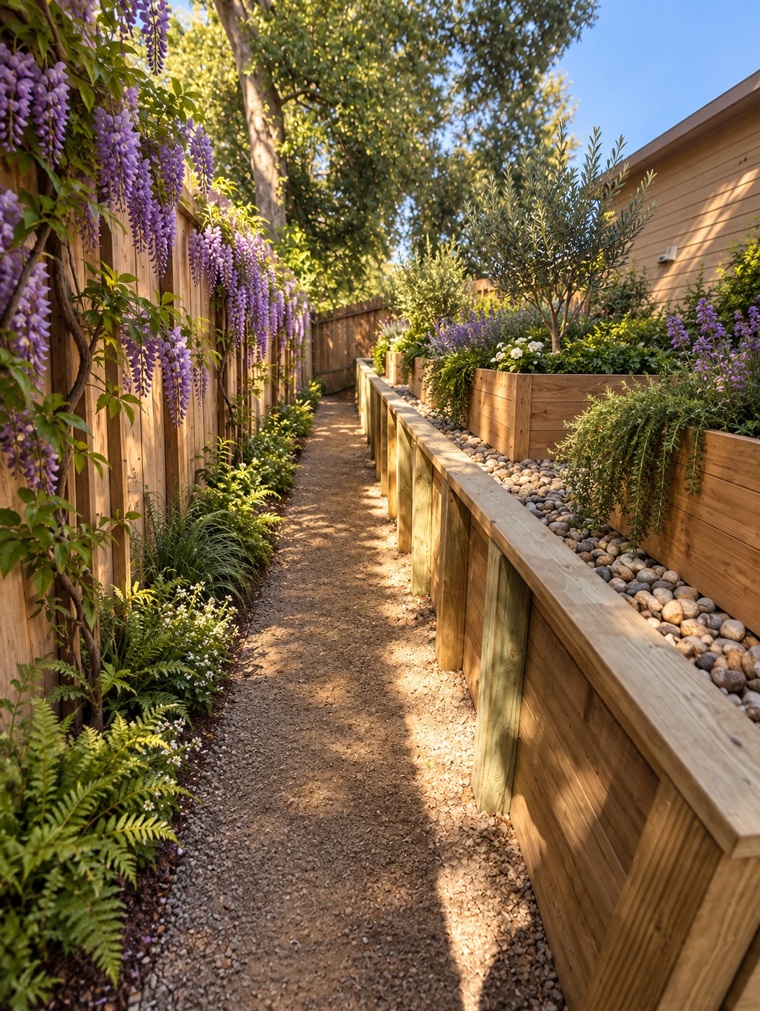 AI-generated future garden concept showing proposed planter boxes and mature purple wisteria around the existing timber wall and cedar fence